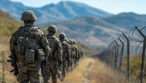 Military and border guards with weapons stand along the border with barbed wire, guarding the border from illegal immigrants. Global problems. Back view