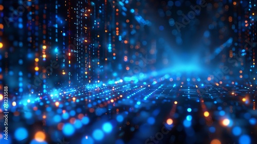 Defocus of digital cyberspace and digital matrix with particles and lighting. An abstract background of digital data network connections and digital analysis processes.