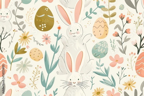 Easter Seamless Pattern with cute bunnies, and eggs