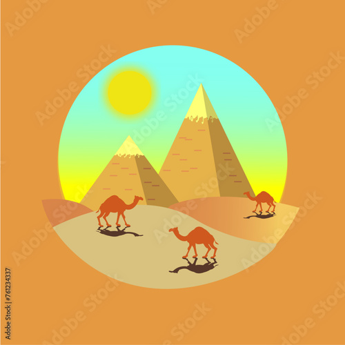 Pyramids in desert flat vector illustration  Egyptian landscape at daytime illustration background. Camels caravan and Egypt landmarks scenery  African animals and sand dunes panorama.