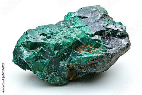 A green mineral from a copper deposit in Chile on a white surface. photo
