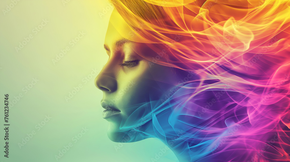 Woman with vibrant mind waves, abstract psychological concept. Colorful mental energy flowing from serene profile, introspection. Cortisol double exposure abstract image
