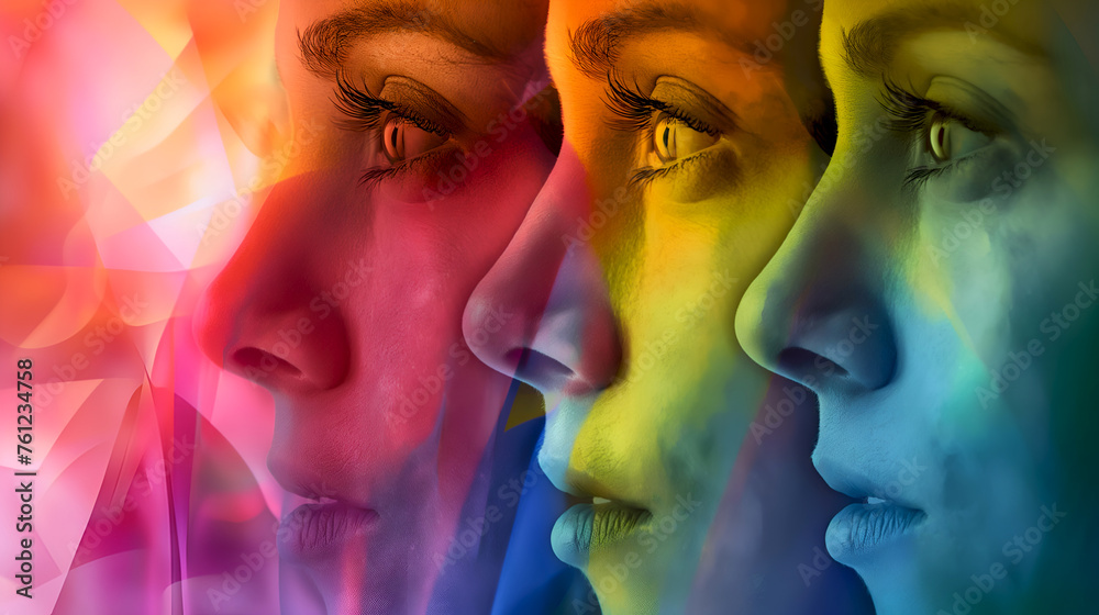 Vibrant profiles conveying emotional intelligence, personality blend. Color transitions on faces representing mood changes, psychological study. Spectrum of emotions in facial profiles Vibrant profiles conveying emotional intelligence, personality blend. Color transitions on faces representing mood changes, psychological study. Spectrum of emotions in facial profiles