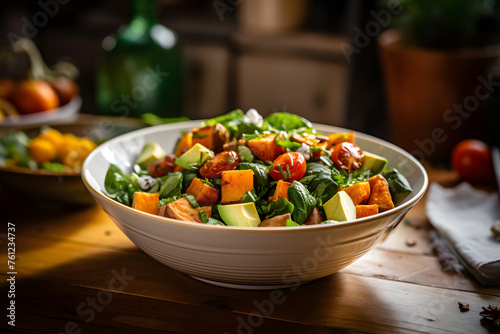 Sweet potato salad with avocados, tomatoes and spinach in a white bowl on a wooden table
