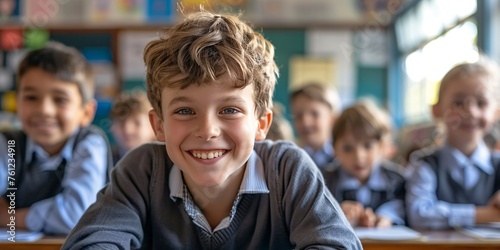 Ecstatic students gathered at desk in classroom.