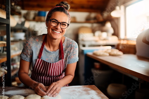 Caucasian smiling woman kneading bread in a bakery