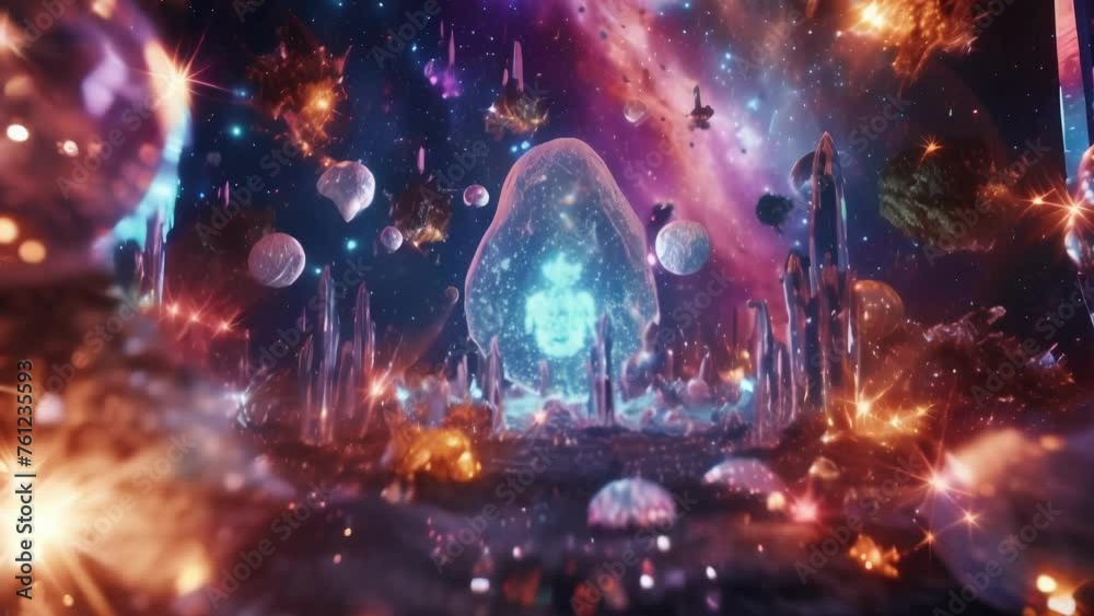 A holographic image of a celestial musician surrounded by instruments made of shimmering meteorites and crystals. A holographic image of a celestial musician surrounded by instruments made of shimmering meteorites and crystals.