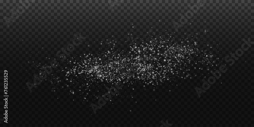White scattering of small particles of sugar crystals, flying salt, top view of baking flour. White powder, explosion of powdered sugar isolated on dark background. Vector illustration. 