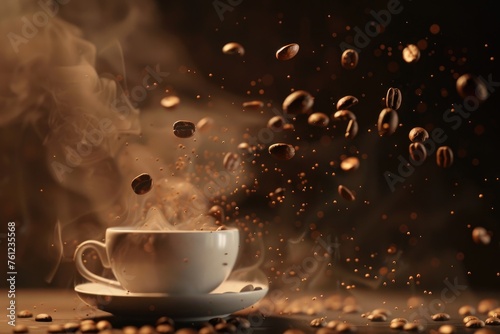 Cup of coffee with falling coffee beans and smoke on brown background