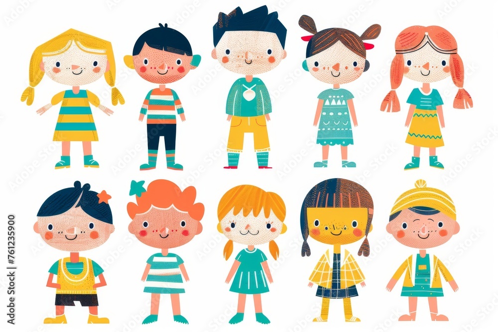 Variety of cartoon vector children in colorful outfits. A diverse group of cartoon children standing in row wearing various colorful outfits representing different styles and personalities 