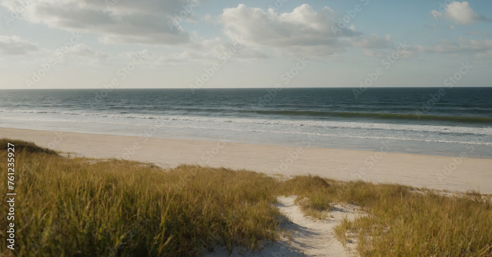 The tranquil shores of alabama's gulf coast, with golden sand and sea oats swaying under clear blue sky, offering perfect backdrop for relaxation and seaside adventures.