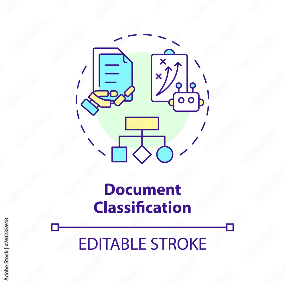 Document classification multi color concept icon. Natural language processing. Text recognition. Round shape line illustration. Abstract idea. Graphic design. Easy to use in infographic, presentation