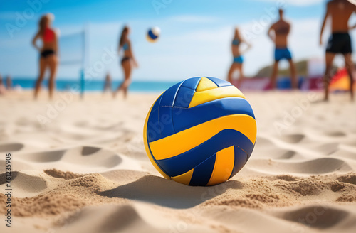 Beach Volleyball. Game ball under sunlight and blue sky.