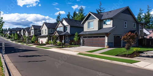 Residential street lined with suburban houses.