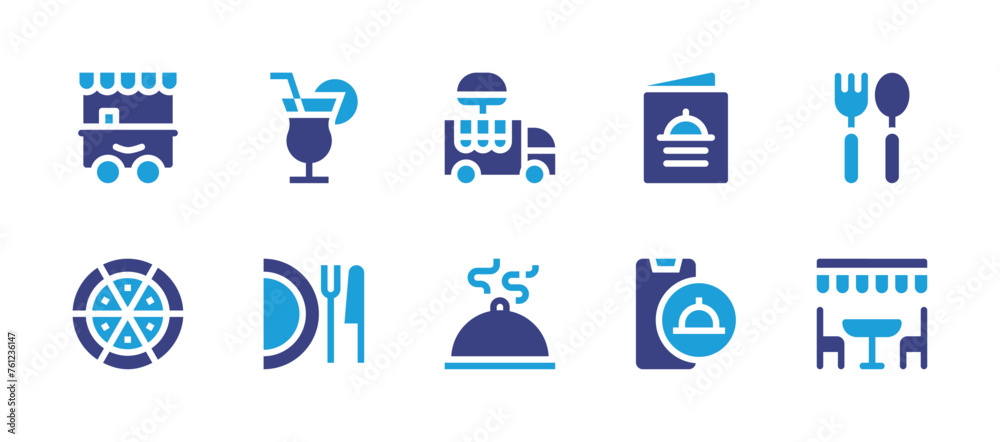 Restaurant icon set. Duotone color. Vector illustration. Containing food cart, cutlery, food truck, cocktail, menu, pizza, terrace, hot food, dish, food delivery.