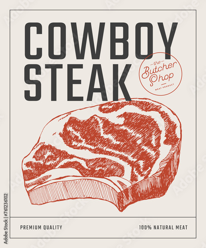 Cowboy steak. Hand-drawn slice of meat tenderloin on light background. Concept of fresh farm products. Design element for packaging, label, menu, butcher shop poster.