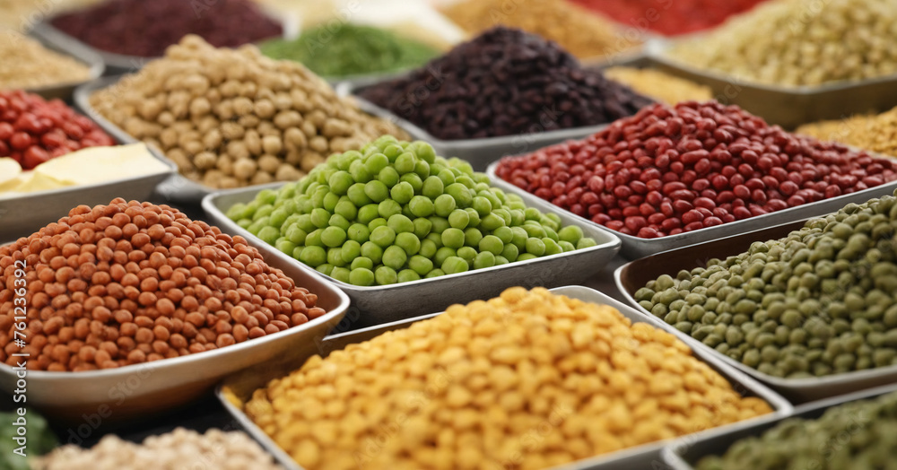 Assortment of dry beans and lentils, including chickpeas, mung beans, and red and green varieties.