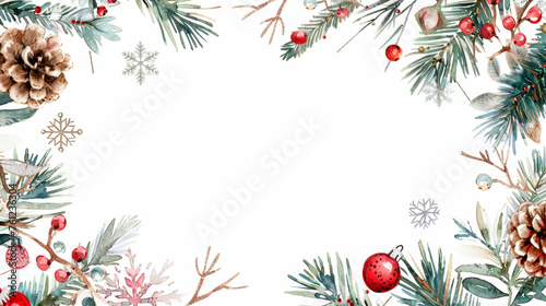 A festive Christmas border showcasing a variety of pine cones, vibrant berries, and lush pine needles creating a winter wonderland theme. Postcard. Holiday frame. Banner. Copy space