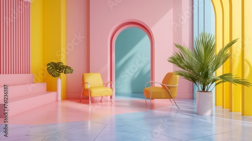 Bright room with armchairs, pink and yellow