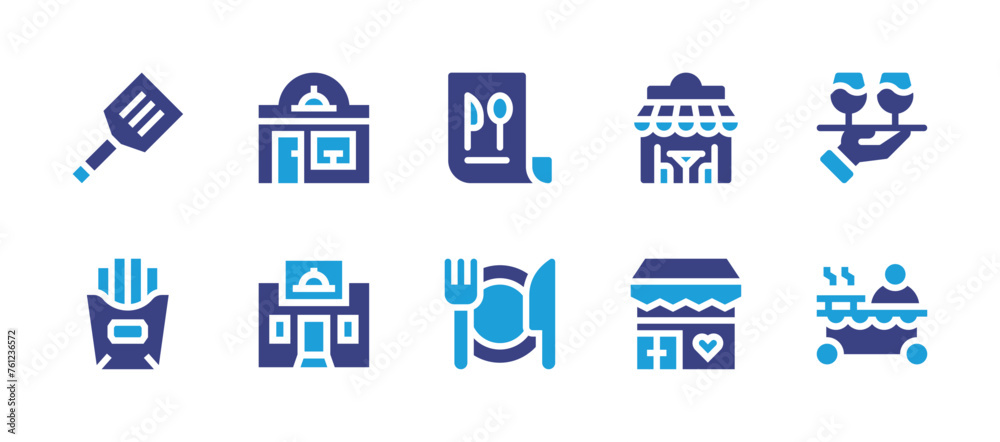 Restaurant icon set. Duotone color. Vector illustration. Containing restaurant building, restaurant, menu, waitress, spatula, french fries, dinner, food stall.