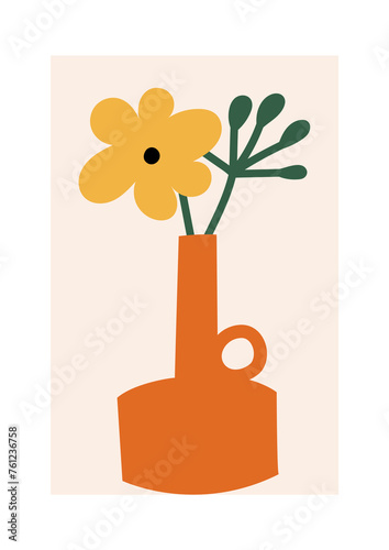Vector illustration colorful botanical poster with yellow flower and red vase. Naive groovy funky art for for postcards, wall art, banner, background