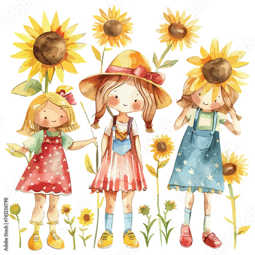 Cute Sunflower Girls Watercolor Clipart 