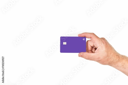 Man Hand Holding Purple Credit Card White Background