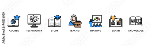 Online education banner web icon vector illustration concept with icon of course, technology, study, teacher, training, learn and knowledge