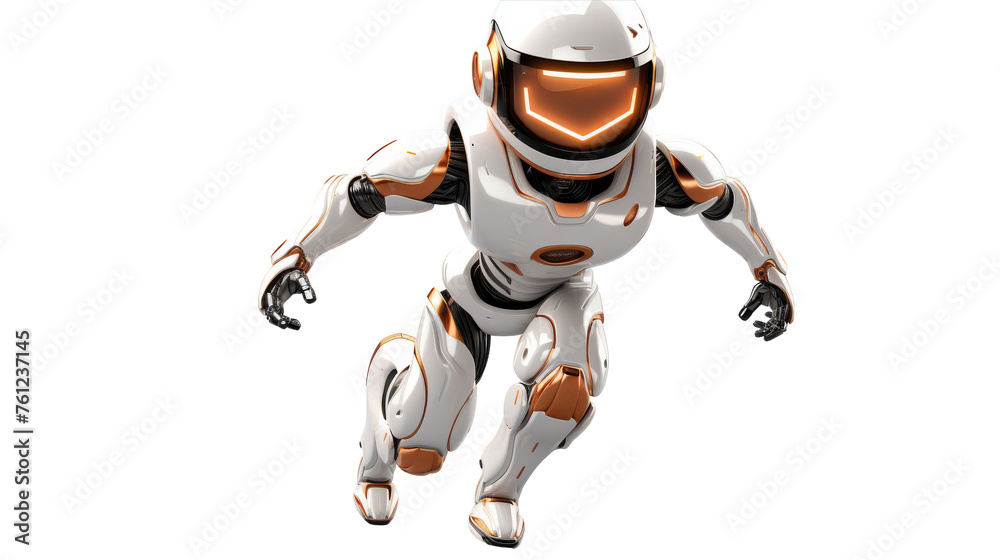 A whimsical white and orange robot soars gracefully through the air A whimsical white and orange robot soars gracefully through the air