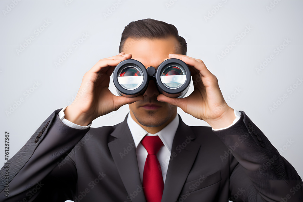 Portrait of man in a suit using binoculars to look into the distance Portrait of man in a suit using binoculars to look into the distance