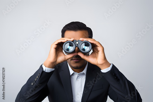 Portrait of  man in a suit using binoculars to look into the distance