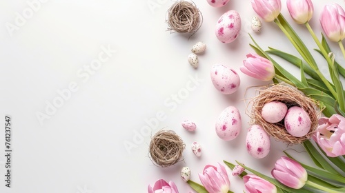 Happy easter! Pink spring tulips and Easter eggs laid out on a white background. Place for text. Easter banner