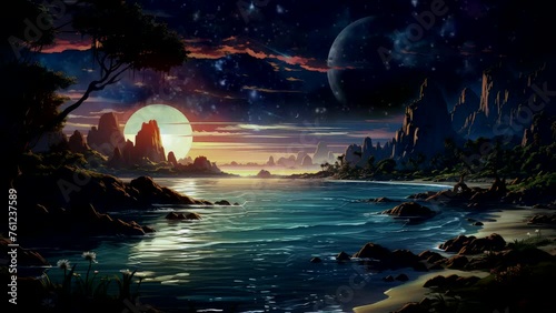 Dusk Descents: Tranquil Beaches, Towering Cliffs, and Silhouetted Trees