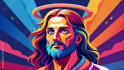 Concept of Easter and Resurrection. Jesus Christ. Vibrant artistic rendering of a religious figure with a Halo. Illustration with copy space for text