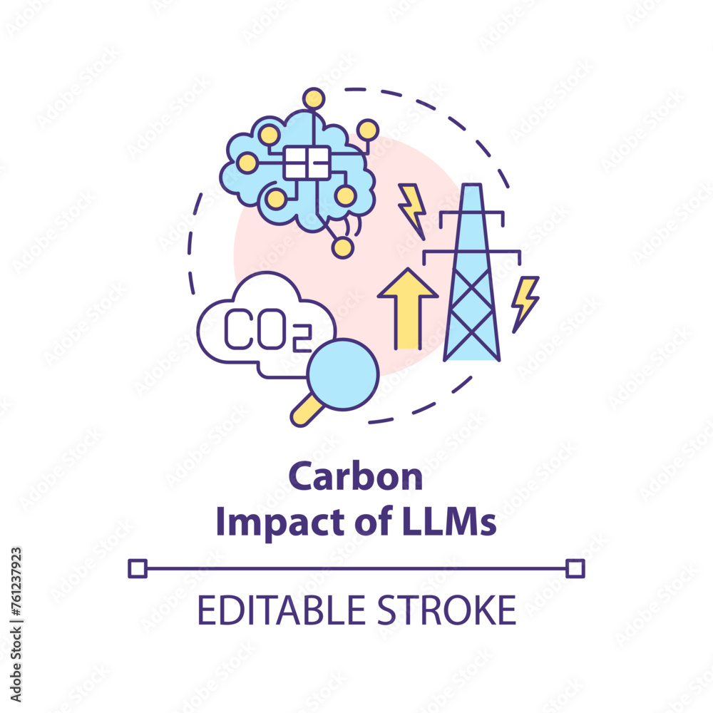 LLMs carbon impact multi color concept icon. Artificial intelligence environmental impact. Round shape line illustration. Abstract idea. Graphic design. Easy to use in infographic, presentation LLMs carbon impact multi color concept icon. Artificial intelligence environmental impact. Round shape line illustration. Abstract idea. Graphic design. Easy to use in infographic, presentation