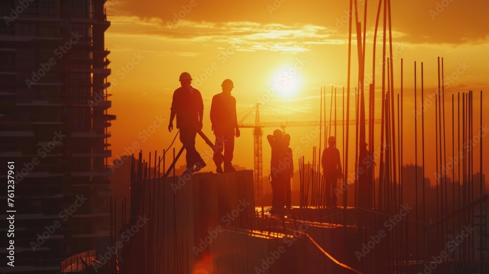 Fototapeta premium silhouette engineer worker on construction site with sunset and building background