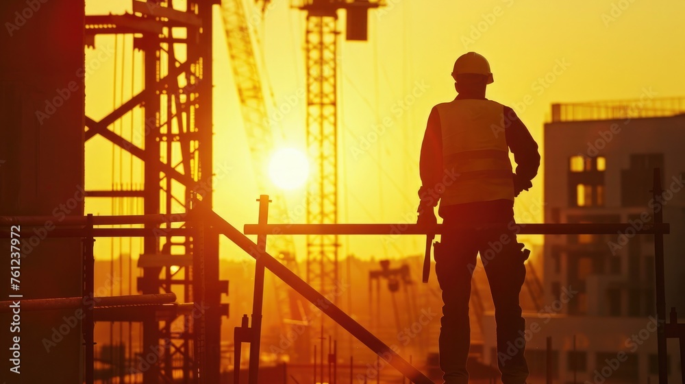 silhouette engineer worker on construction site with sunset and building background