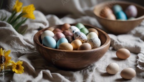 Happy easter! Easter chicken eggs in a wooden deep bowl on a beautiful served table. Easter treat