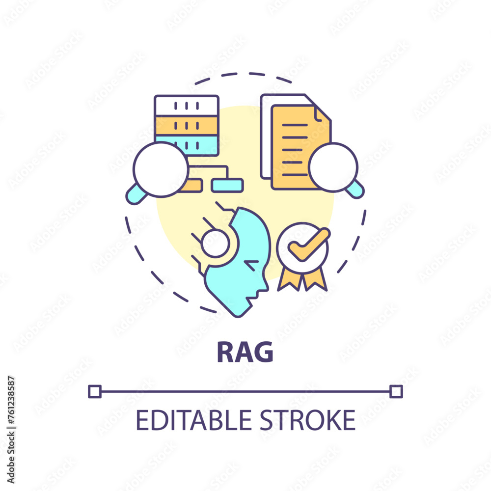RAG multi color concept icon. Ai correct content generation. Machine learning techniques. Round shape line illustration. Abstract idea. Graphic design. Easy to use in infographic, presentation