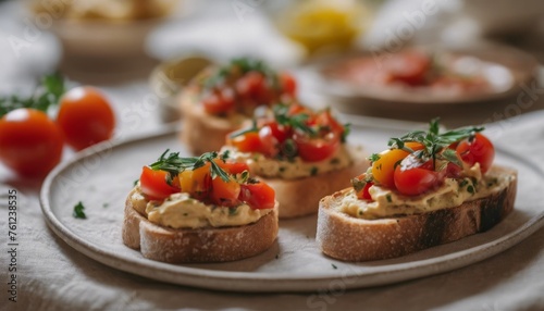 bruschetta on toasted rye ciabatta with Jerusalem hummus, tomatoes and herbs in a beautiful presentation