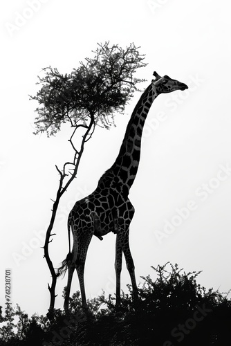 Professional Photography of a Graceful Giraffe Reaching for Leaves on the Top Branches of a Tree  Generative AI