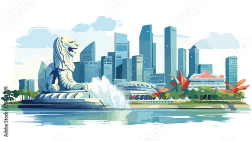 Merlion statue fountain in Merlion Park and Singapor