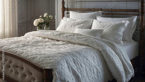 luxurious, bed with white linens in the bedroom. photo