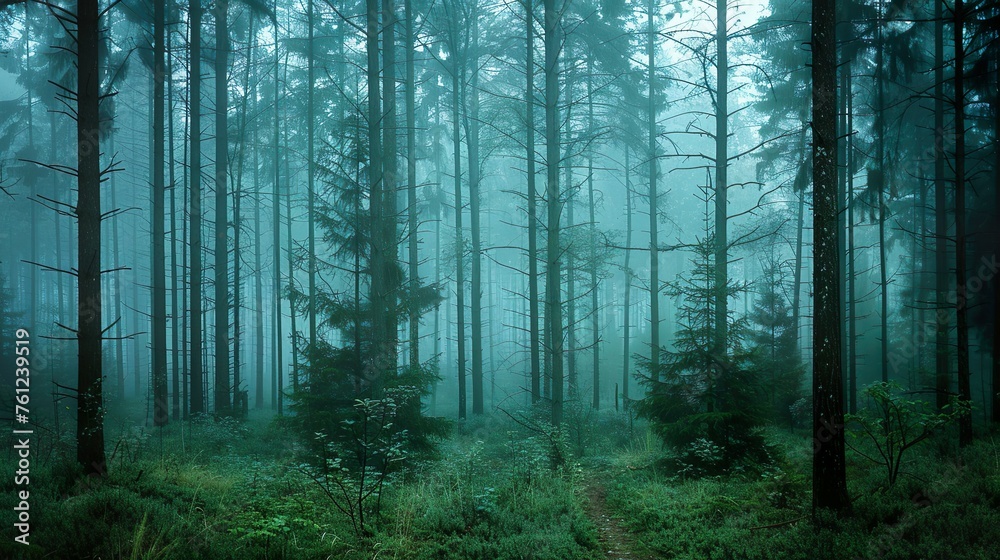 A misty forest with tall trees and a mysterious atmosphere
