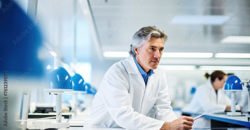 Busy life science lab with scientists conducting research on everything from genes to cells, highlighting collaboration. Busy life science lab with scientists conducting research on everything from genes to cells, highlighting collaboration.