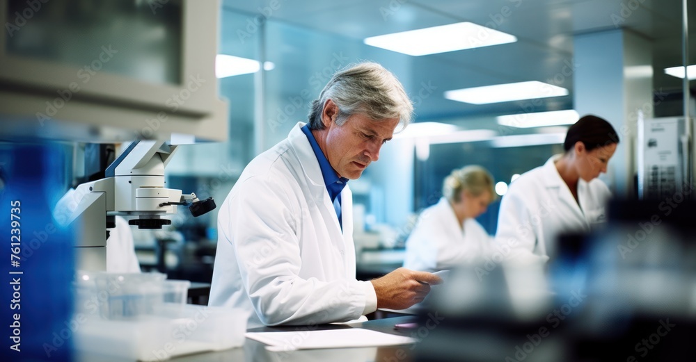 Fototapeta premium Busy life science lab with scientists conducting research on everything from genes to cells, highlighting collaboration.