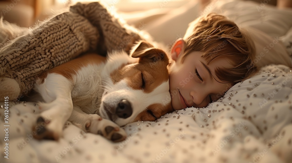 A picture of a child sleeping while cuddling with his beloved dog. It shows the deep bond and friendship between them. A picture of a child sleeping while cuddling with his beloved dog. It shows the deep bond and friendship between them.