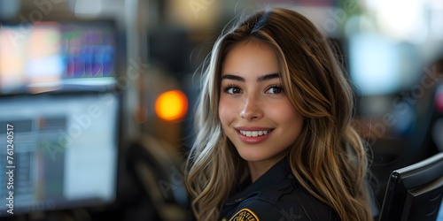 A Latina woman in uniform working as an Emergency Services Dispatcher. Concept Latina woman, Emergency Services Dispatcher, Uniform, Multitasking, Diversity in the Workplace photo