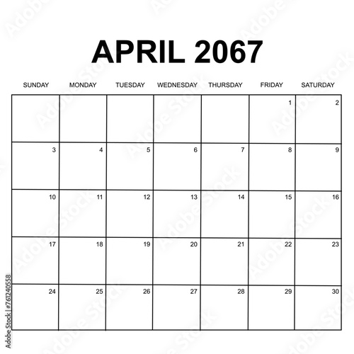april 2067. monthly calendar design. week starts on sunday. printable, simple, and clean vector design isolated on white background.