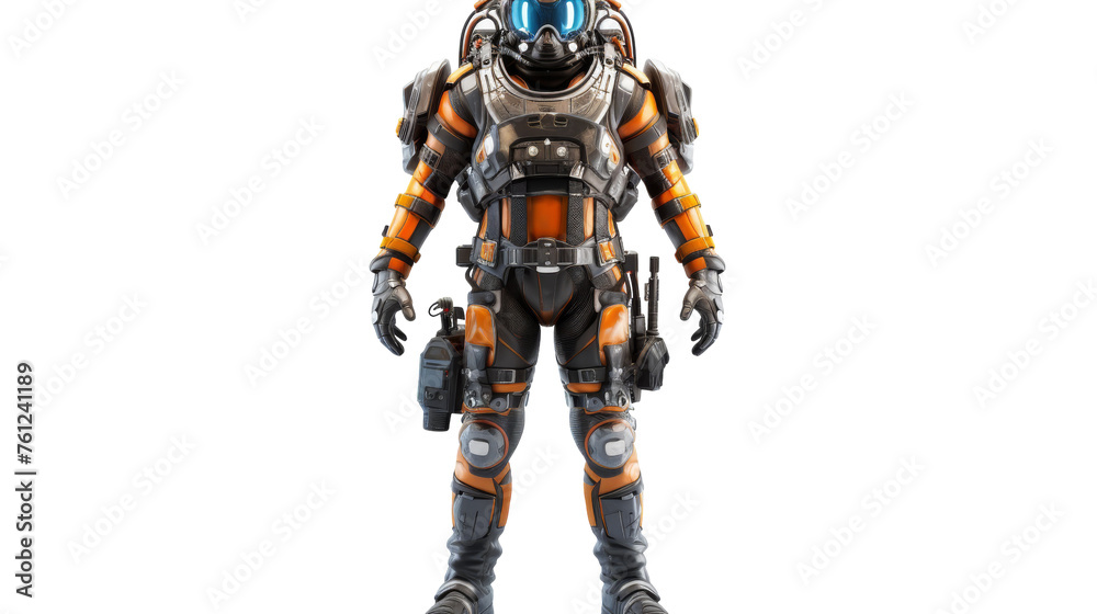An orange and black robot is standing confidently on a white background - obrazy, fototapety, plakaty 